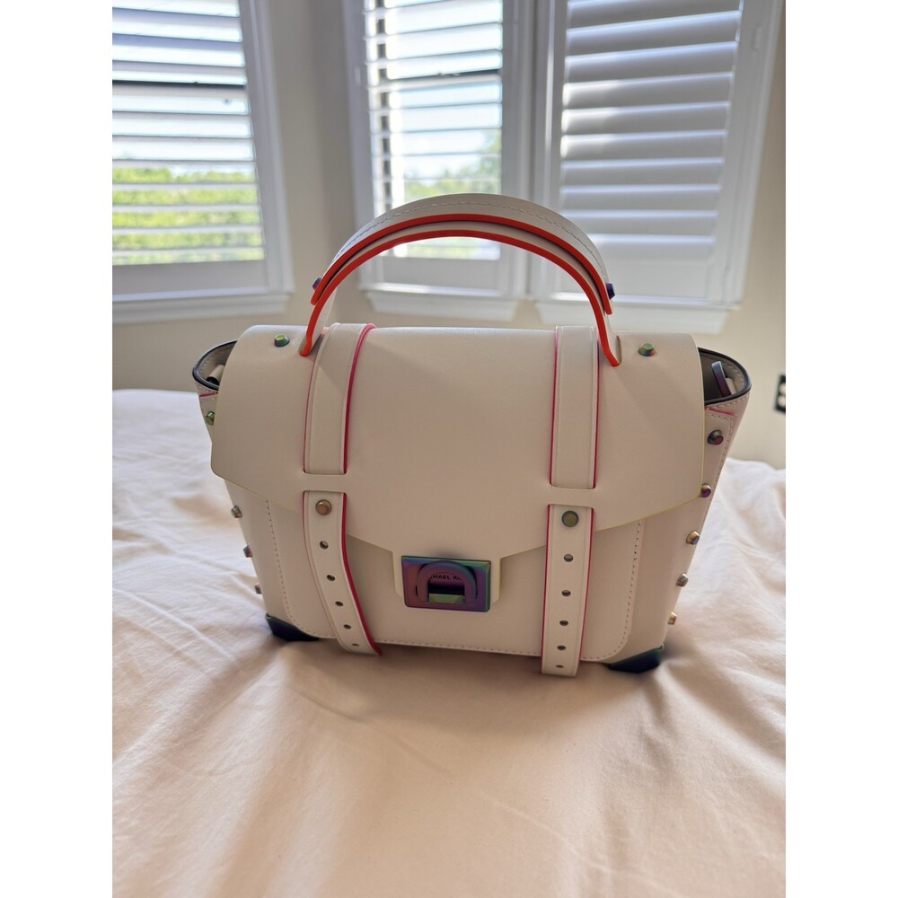 Michael Kors Manhattan Satchel Optic White Rainbow Stud Leather Bag - Picture 13 of 16